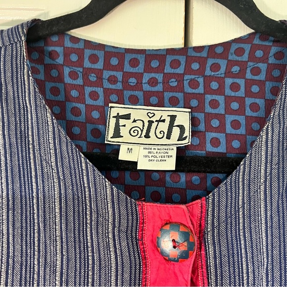 Vintage Faith Patchwork Fish Blazer Jacket Wooden Buttons Size Medium Cropped - Picture 6 of 9